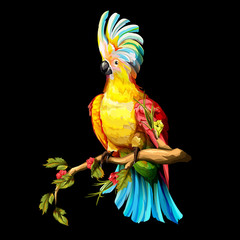 Illustration of parrot cockatoo on the tropical branches with leaves. Hand drawn, vector stock. © iMacron