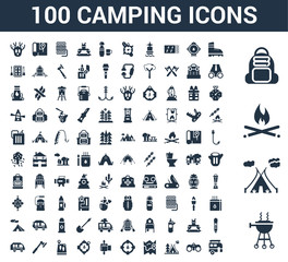 100 Camping universal icons set with Bbq, Tent, Fire, Backpack, Boot, Binoculars, Map, Compass, Tissue