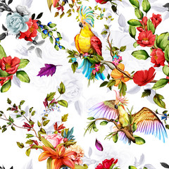 Fototapety  Seamless pattern of parrots cockatoo on the tropical branches with leaves and flowers on white. Hand drawn, vector - stock.