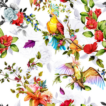 Seamless pattern of parrots cockatoo on the tropical branches with leaves and flowers on white. Hand drawn, vector - stock.