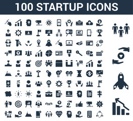 100 startup universal icons set with Bar chart, Startup, Care, Team, Sprout, Handshake, Money bag, Management, Diamond, Group