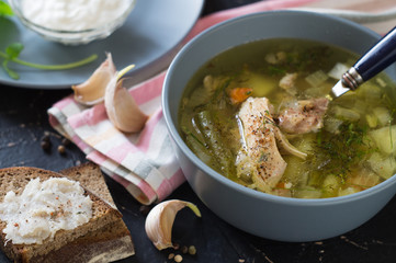 First course. Chicken soup and sour cream