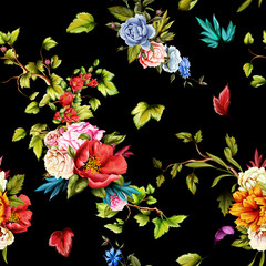 Seamless background pattern. Peony, cornflower, roses and pomegranate buds with branch and leaves on black. Watercolor, hand drawn.