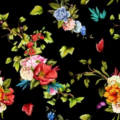 Foto op Aluminium Seamless background pattern. Peony, cornflower, roses and pomegranate buds with branch and leaves on black. Watercolor, hand drawn. © iMacron