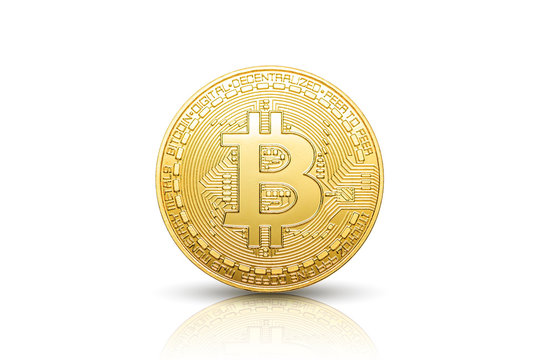bitcoin closeup with BIT symbol isolated on white background. Head side. Crypto-currency background for virtual money.