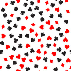 Poker card suit seamless pattern background. Black spades and clubs. Red hearts and diamonds singns. Abstract vector backround.
