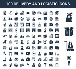 100 Delivery and Logistic universal icons set with Certificate, Trolley, Package, Gift, truck, Fragile, Stopwatch, Customer service, Umbrella