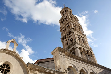 Saint Domnius bell tower is a historic landmark in Split, Croatia. Split is popular coastal travel destination.