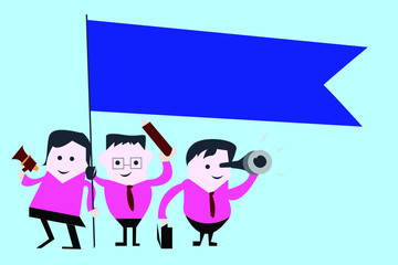 Team, three people wit the flag. Explorers finding, Male and female diversity 