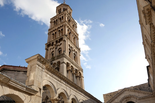 Saint Domnius bell tower is a historic landmark in Split, Croatia. Split is popular coastal travel destination.
