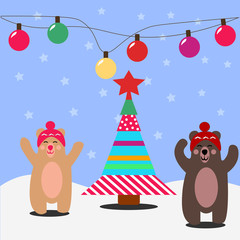 Christmas Party in the winter forest with the participation of funny cartoon forest animals: bear and polar bear. Christmas Pattern Pine Tree. For posters, banners, sales and other winter events. xmas