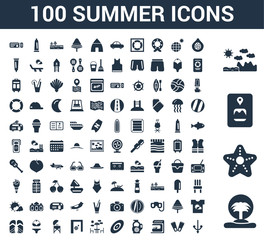 100 Summer universal icons set with Island, Starfish, Travel guide, Mountains, Fig, Flippers, Bar, Sangria, Disc golf, Terrace