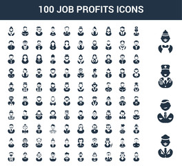 100 Job Profits universal icons set with Driver, Businessman, Doctor, Clerk, Police, Burglar, Artist