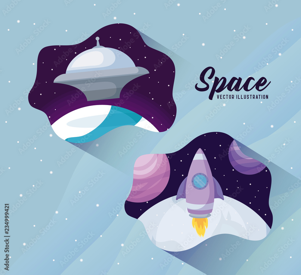 Poster startup rocket with spaceship and planets