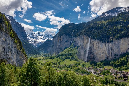 View of Lauterbrunnen with Staubbach Falls, Interlaken-Oberhasli, Bern, Switzerland, Europe