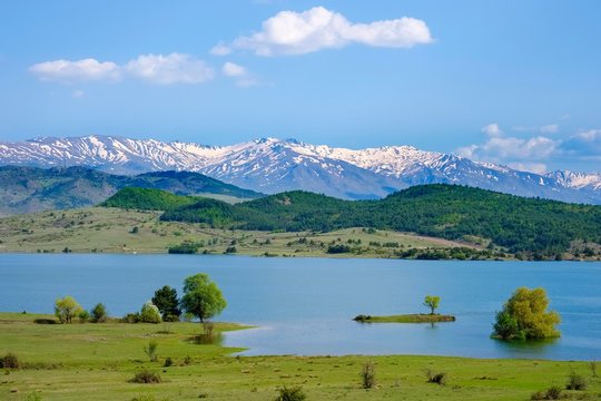 Vithkuq Reservoir, behind the Gramoz Mountains, Korca region, Korca, Albania, Europe