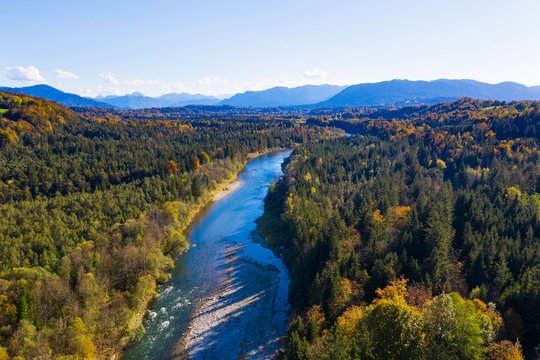 River course Isar, nature reserve Isarauen, near Bad Tolz, drone shot, alpine foothills, Upper Bavaria, Bavaria, Germany, Europe