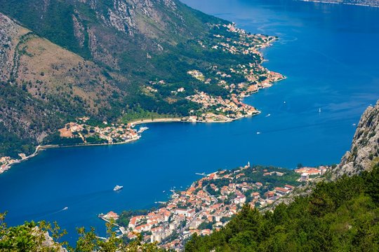 Bay of Kotor with the villages Prcanj and Dobrota near Kotor, Montenegro, Europe