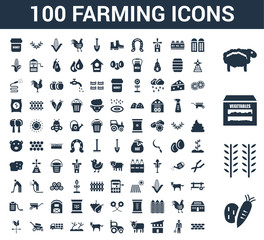 100 farming universal icons set with Vegetable, Wheat, Vegetables, Sheep, Silo, Farmer, Chicken coop, Ox, Tractor, Horse