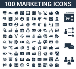 100 marketing universal icons set with Audience, Conversation, Community, Web Shop, Pig Bank, Sale, Rating, Bag, Location