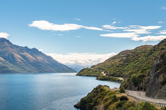 Curvy road to Queenstown on Lake Wakatipu, Devil's Staircase, Otago, South Island, New Zealand, Oceania