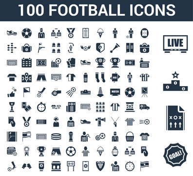 100 Football universal icons set with Goal, Strategy, Podium, Television, Soccer field, Stopwatch, player, club, App, Scoreboard