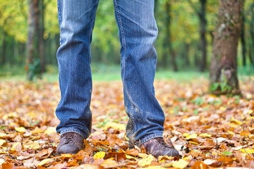 Legs of one person with blue denim jeans and boots walking on the forest.
