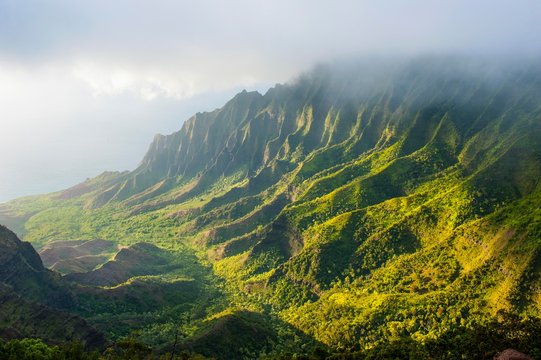 Napali coast with green mountains seen from the Kalalau lookout, Na Pali Coast State Park, Kauai, Hawaii, USA, North America