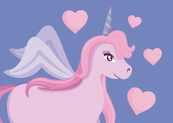Fototapeta na wymiar cute unicorn of fairy tale with hearts