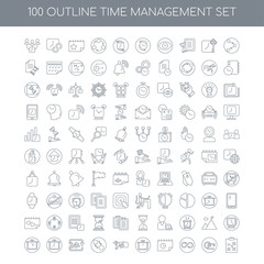 Fototapeta na wymiar 100 Time Management outline icons set such as Workflow linear, L