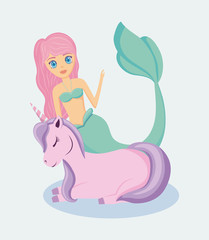Obraz na płótnie Canvas cute siren with unicorn of fairy tale