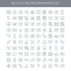 Fototapeta na wymiar 100 programming outline icons set such as Cloud computing linear