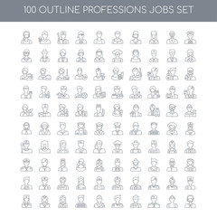 100 Professions Jobs outline icons set such as Taxi driver linea