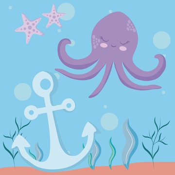 cute octopus with starfish and anchor