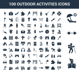 100 outdoor activities universal icons set with Read, Hiking, Fitness, Sunbed, Football, Shopping bag, Tv, Guitar, Picnic, Yarn ball