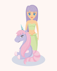 cute siren with unicorn of fairy tale