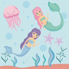 Fototapeta premium cute sirens with octopus and starfish