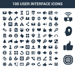 100 User Interface universal icons set with At, Like, Head, Wifi, Full screen, Moustache, Refresh, Eye, Zoom in