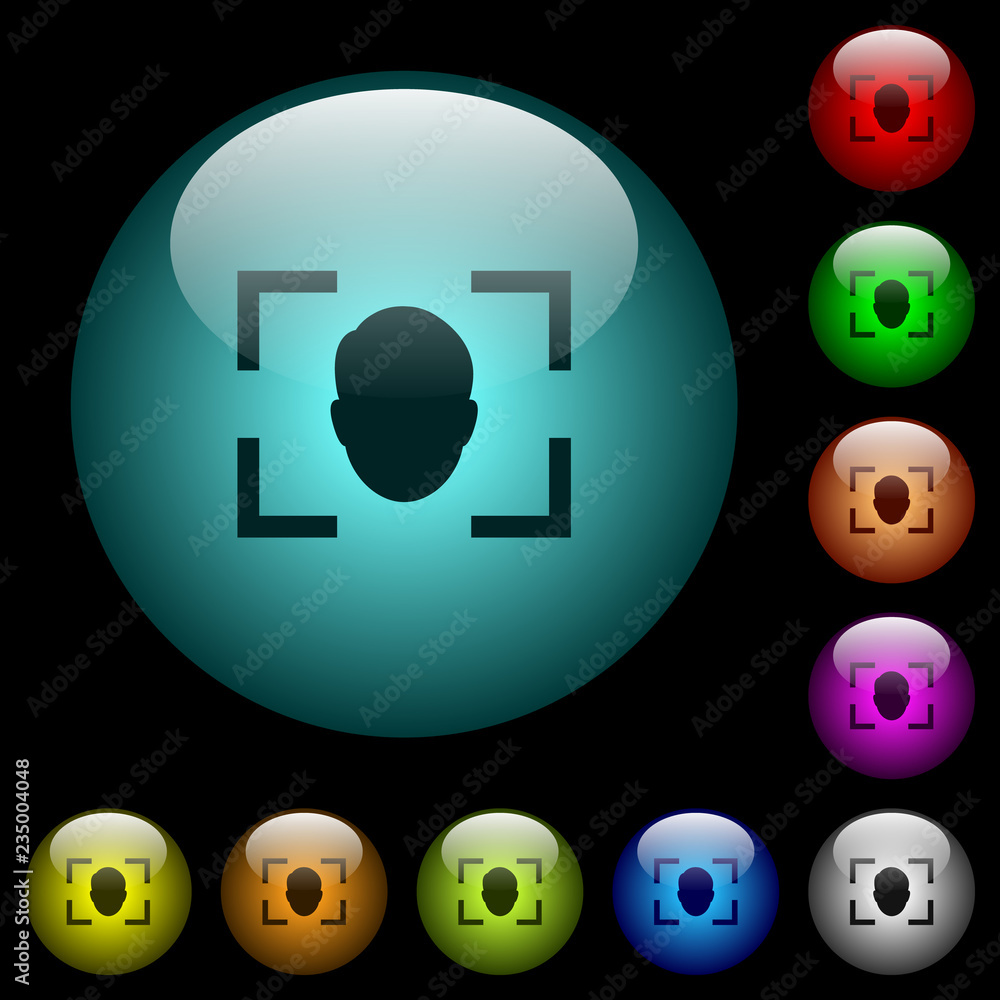 Poster camera selfie mode icons in color illuminated glass buttons
