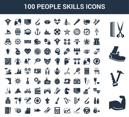 100 People Skills universal icons set with Body Building, Carpenter, Runner, Barber, Plumber, Chauffer, De, Graphic Accountant, Doctor