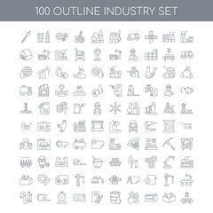 Fototapeta na wymiar 100 industry outline icons set such as Factory linear, Tools Pla