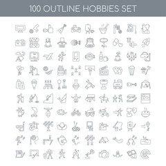 100 hobbies outline icons set such as Cooking linear, Reading Yo
