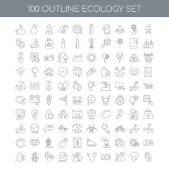 100 Ecology outline icons set such as Renewable energy linear, R