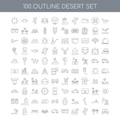 100 desert outline icons set such as Horse linear, Palm Cactus M