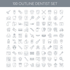 100 dentist outline icons set such as Tooth whitening linear, Ho