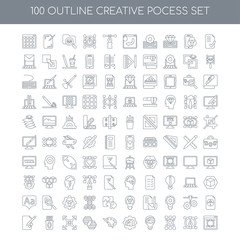 Fototapeta na wymiar 100 Creative pocess outline icons set such as Review linear, , W