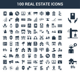 100 Real Estate universal icons set with Home, User, Construction, Deal, House, Placeholder, House key, Solar panel,