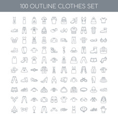 100 Clothes outline icons set such as Cotton Polo Shirt linear,