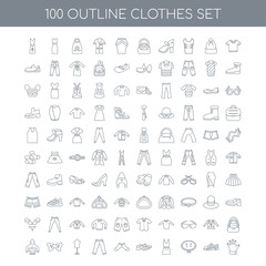 100 Clothes outline icons set such as Cotton Polo Shirt linear,