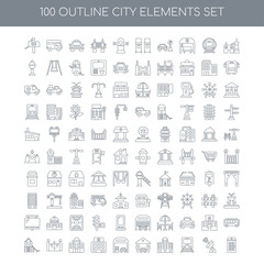100 city elements outline icons set such as Factory linear, Ante